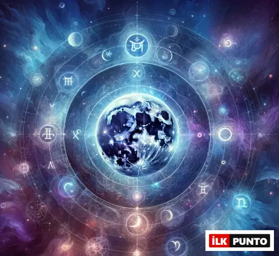 Galaksi fonunda Ay ve astrolojik çember – Ay burcunun haritadaki konumunu temsil eden illüstrasyon.