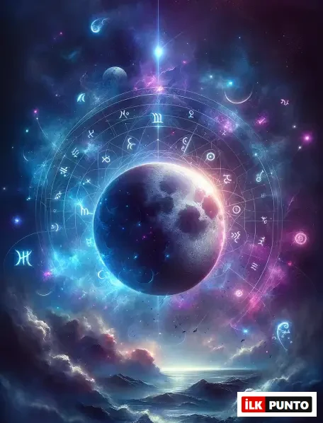 Burç simgeleriyle çevrelenmiş Dünya ve Ay – Ay burcunun astrolojik haritadaki yeri.