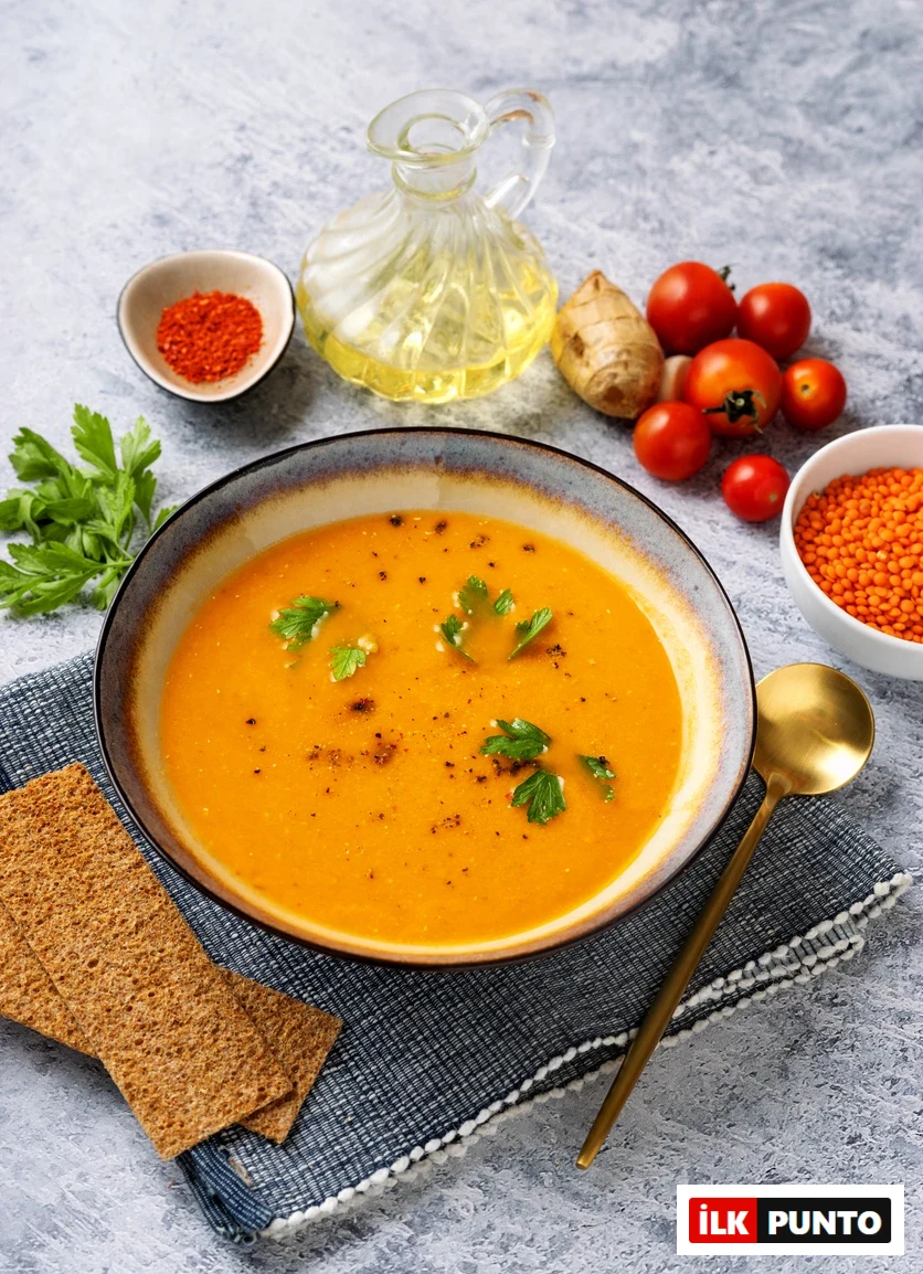 Büyük bir kasede, maydanoz ve baharatlarla süslenmiş, yanında çıtır ekmekler, altın renkli bir kaşık ve arka planda mercimek, domates, zeytinyağı, pul biber gibi malzemelerin bulunduğu, pratik ve lezzetli bir kırmızı mercimek çorbası.
