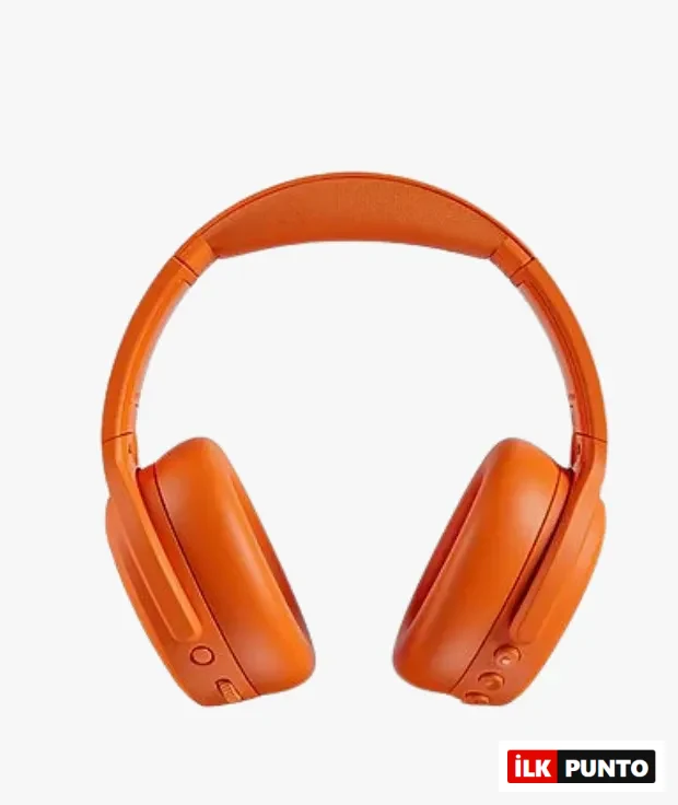 Turuncu Skullcandy Crusher ANC 2 kablosuz kulak üstü kulaklık, geniş kulak yastıkları ve kafa bandıyla önden görünüm.