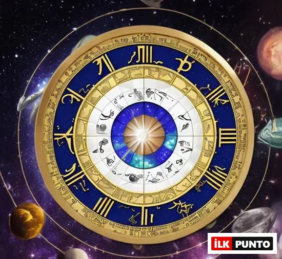 Bir doğum haritası veya astrolojik çizelge görünümündeki, detaylı zodyak ve gezegen sembolleriyle bezeli, mor ve mavi tonlarda galaksi arka planında ışıldayan bu karmaşık çember, yükselen burç gibi kişiliğin dışa yansıyan yönlerini hesaplamak için kullanılan astrolojik göstergeleri canlı bir şekilde temsil ediyor.
