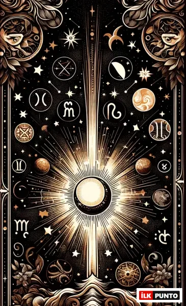 Karanlık gökyüzünde ışık saçan bir güneşin etrafını yıldızlar, gezegenler ve astrolojik burç sembolleri sararken, bu sanatsal ve karmaşık illüstrasyon yükselen burçların nasıl hesaplandığını anlatan evrensel astroloji elementlerini ve etkileşimlerini sergiliyor.