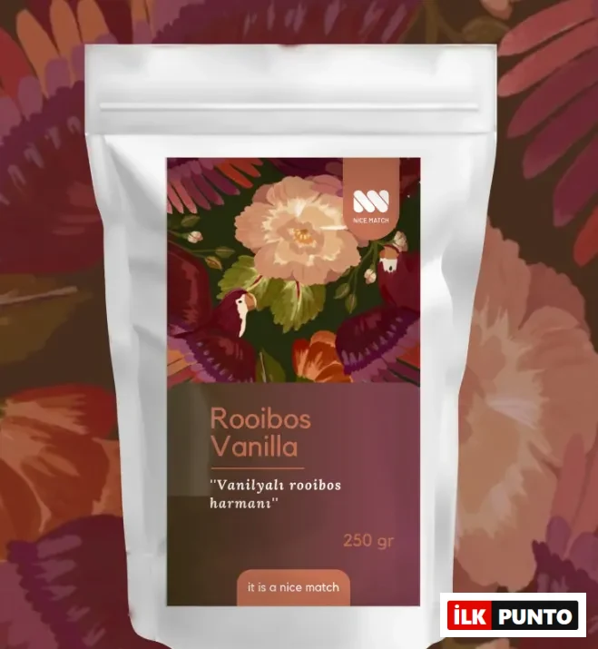 Vanilya aromalı rooibos çayı; floral tasarımlı 250 gr'lık paketinde yumuşak içim ve rahatlatıcı etki sunar.