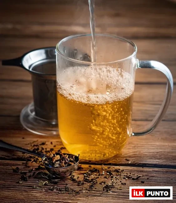 Cam kupada demlenen sıcak bitki çayı, dökme çay yaprakları ve metal süzgeçle birlikte.