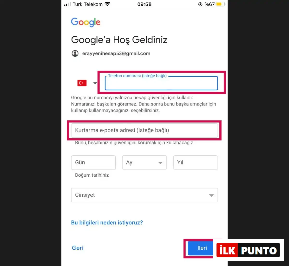 4. Kurtarma E-Posta veya Telefon Numarası Girin (İsteğe Bağlı) Gmail Oturum, Hesap Açma Nasıl Yapılır?