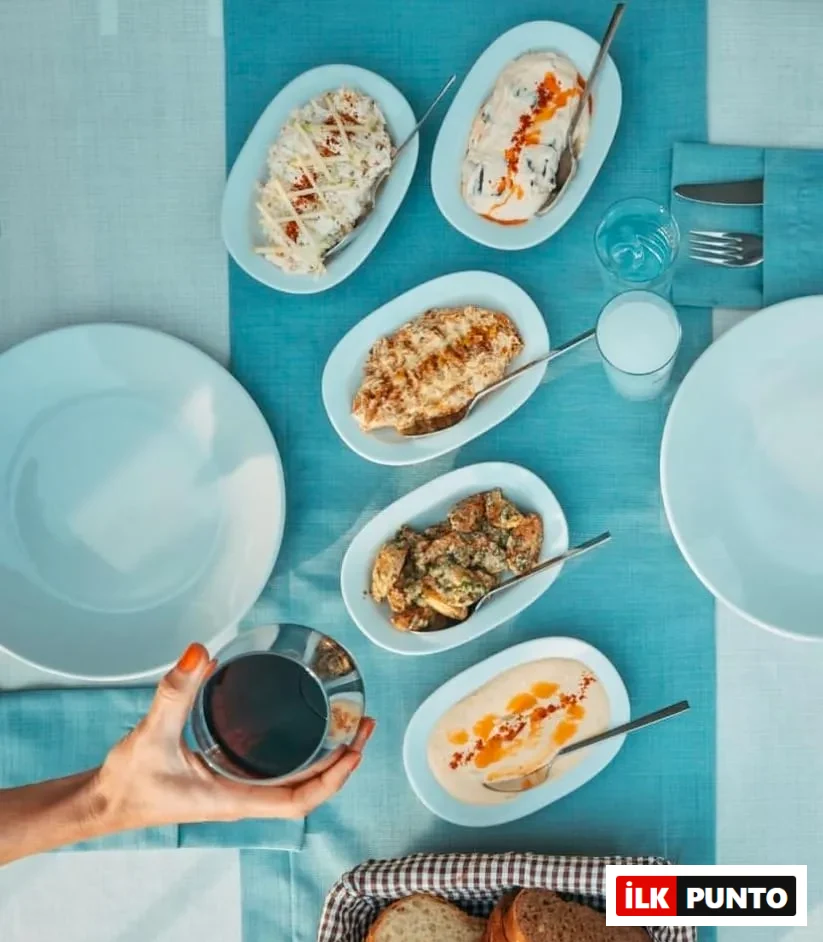 Mavi ve beyaz çizgili masa örtüsü serili bir restoranda, masanın üzerinde humus, tavuk salatası, kremalı ve sebzeli mezeler gibi birçok geleneksel Türk mezesi ile dolu oval tabaklar, boş yemek tabakları, ekmek sepeti ve içecekler bulunurken, turuncu ojeli bir el parlak bir kadeh şarap tutuyor ve keyifli bir yemek ortamını betimliyor.