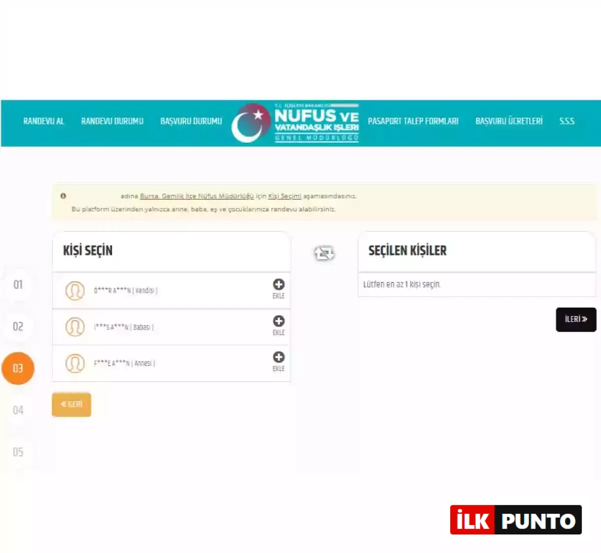Kimlik randevusunda kimin için başvuru yapılacağı seçimi