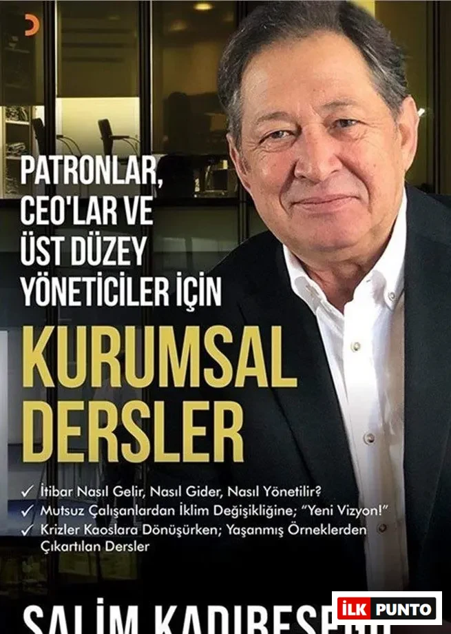 Patronlar, CEO'lar ve üst düzey yöneticiler için kurumsal dersler sunan, Salim Kadıbeşegil'in gülümseyen portresinin bir kısmıyla görünen bu kitap kapağı, liderlik yolculuğunda gelişim arayan profesyonellere iş dünyasında önemli rehberlik sunuyor.