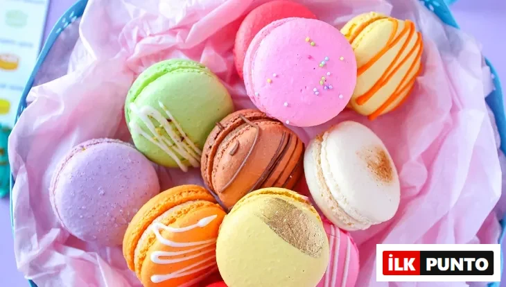 Pembe kutuda renkli makaron çeşitleri – çikolatalı, limonlu, frambuazlı ve vanilyalı Fransız tatlıları