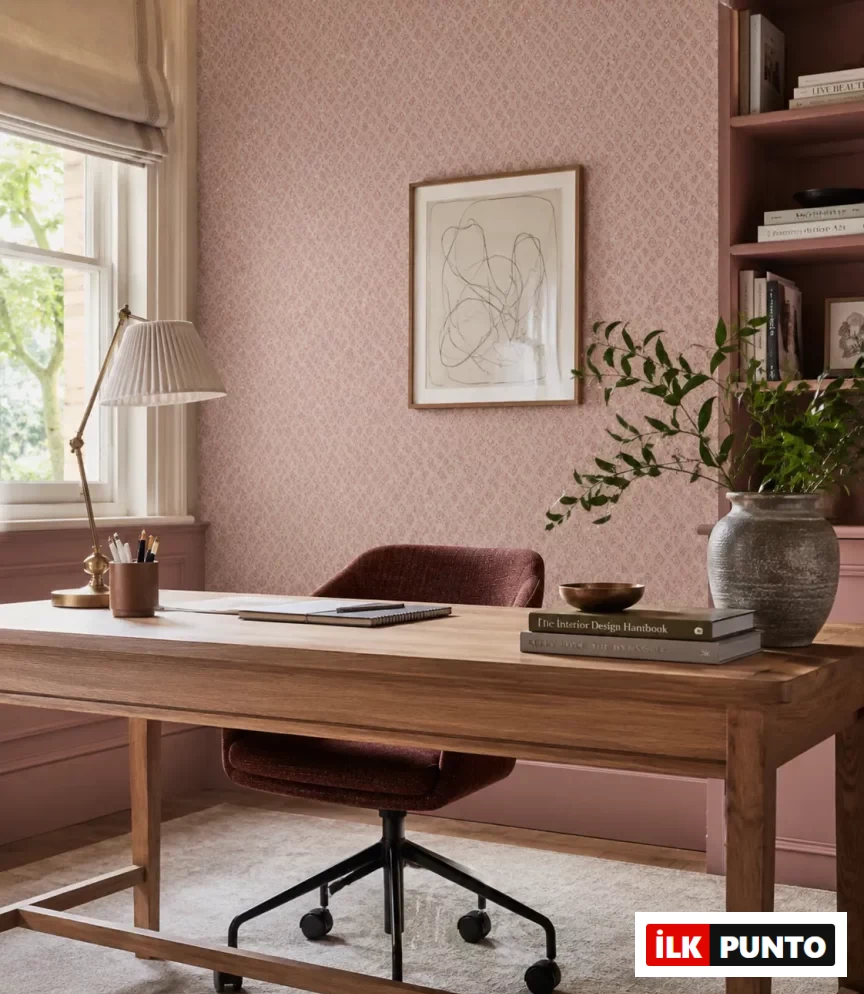 Pinterest tarzı pembe bir çalışma odasında, pencereden doğal ışık alan, pembe desenli duvar kağıtlarıyla dekore edilmiş şık bir odada, üzerinde kitaplar, zarif bir lamba ve yeşil dallar içeren büyük bir vazonun bulunduğu ahşap bir masa, tekerlekli ofis sandalyesiyle tamamlanmıştır.