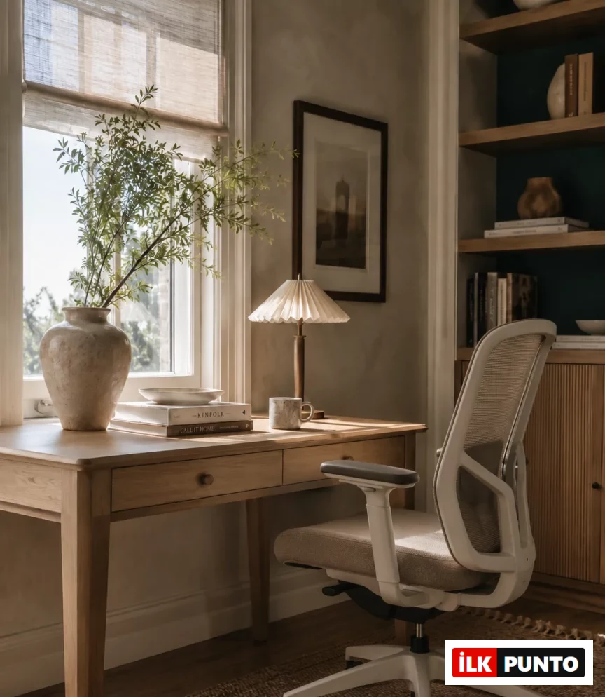 Pencere kenarına yerleştirilmiş, üzerinde bir vazo bitki, kitaplar ve bir abajur bulunan açık renk ahşap çalışma masası ile modern tasarımlı, file sırtlı ergonomik bir çalışma koltuğu, doğal ışık alan davetkar bir ev ofisi veya çalışma alanı oluşturuyor.