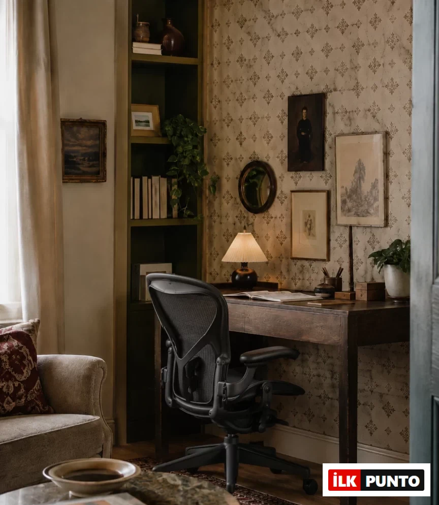 Desenli duvar kağıdıyla kaplı bir duvara bitişik, koyu ahşap çalışma masası ve modern, siyah bir çalışma koltuğu barındıran bu şık çalışma köşesi, kitaplık, dekoratif aynalar ve çerçeveli tablolarla zenginleştirilmiş sıcak bir ev ofis ortamını gözler önüne seriyor.