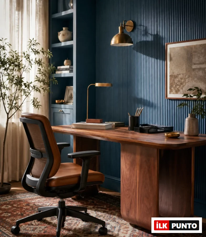 Lacivert çizgili duvarın ve ceviz masanın hakim olduğu modern bir ev ofisinde, kahverengi deri ve file detaylı ergonomik bir çalışma koltuğu, sıcak aydınlatmalar ve dekoratif bitkilerle davetkar bir atmosfer sunuyor.