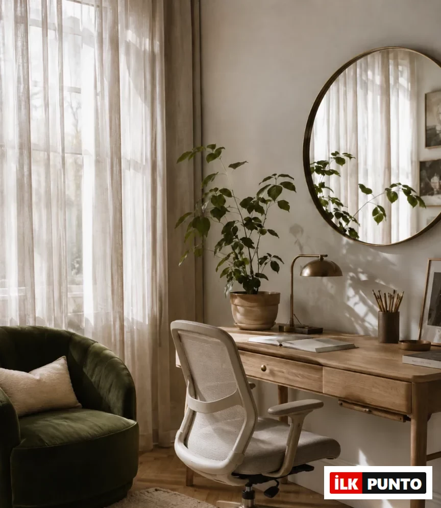 Açık renk ahşap bir çalışma masasının önünde duran modern, açık bej bir çalışma koltuğu, yanında yeşil kadife bir berjer ve arkadaki şeffaf perdelerden süzülen doğal ışıkla aydınlanmış, bitkilerle dolu şık ve sakin bir çalışma odası görüntüsü.