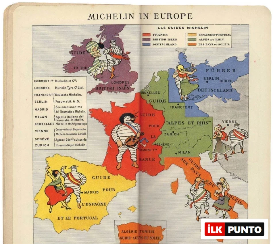 Eski bir Michelin Rehberi sayfasında Avrupa haritası ve Bibendum karakterleri; rehberin Fransa’dan İspanya’ya, Almanya’dan İtalya’ya kadar yayıldığını gösteren illüstrasyon.