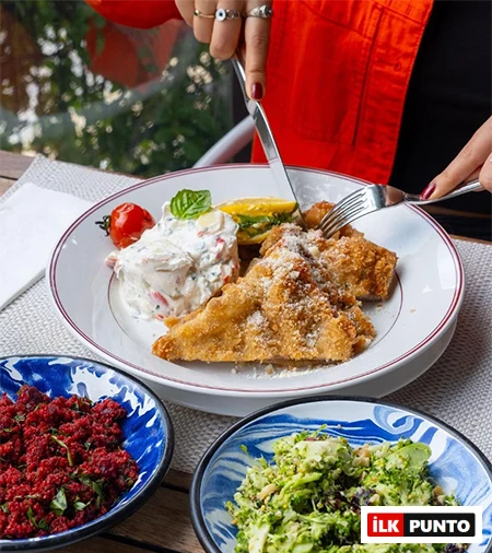 “Havan’dan restoranında servis edilen çıtır pane edilmiş ana yemek, yoğurtlu salata ve yan mezelerle birlikte.”