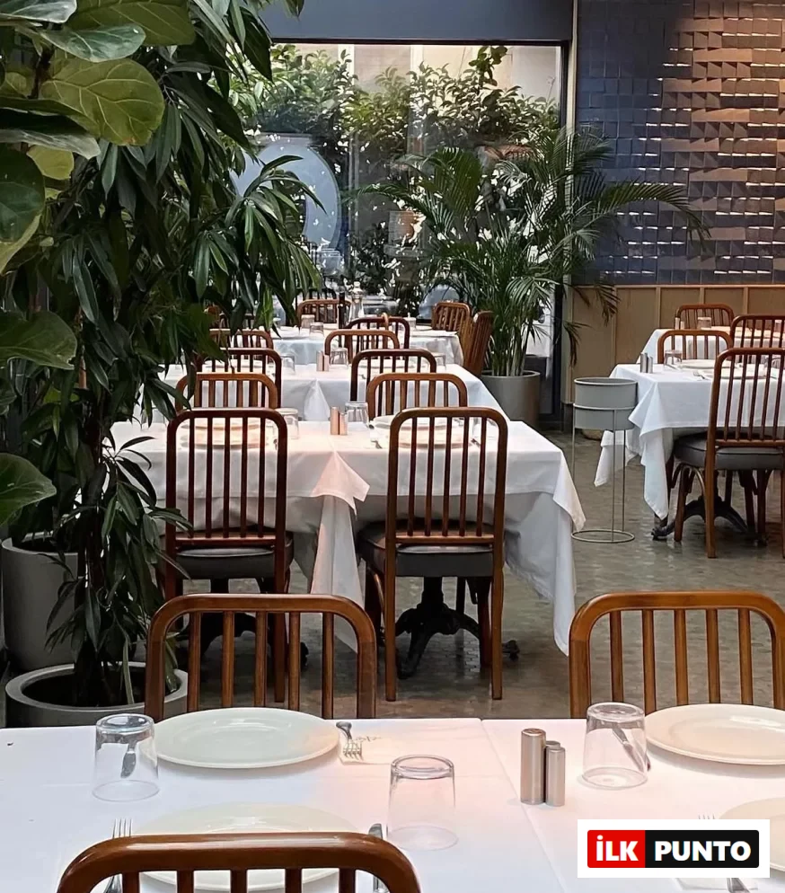 Karaköy Lokantası'nın yeşil bitkilerle dolu, doğal ışık alan iç mekanında, beyaz örtülü, özenle hazırlanmış masalar ve ahşap sandalyeler, duvarda dokulu panel detayıyla birleşerek misafirleri bekleyen şık ve huzurlu bir yemek atmosferi sunuyor.